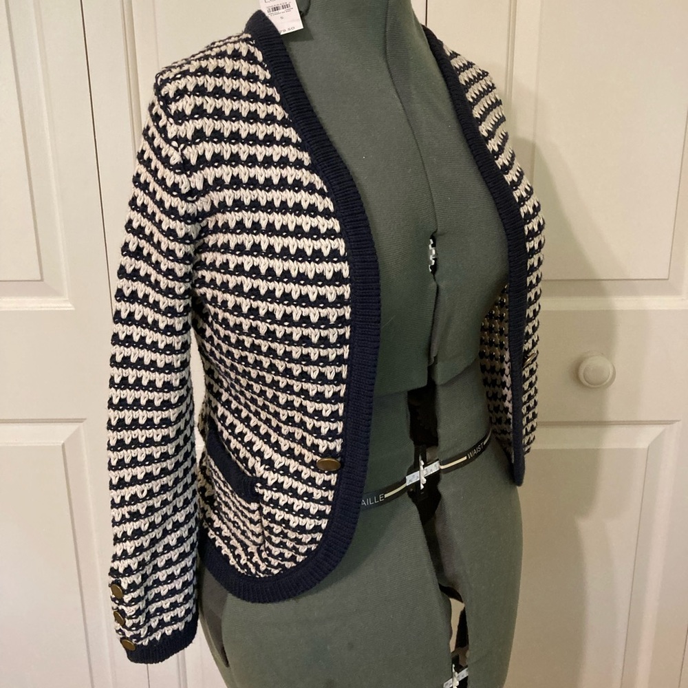 NEW WITH TAGS NWT Loft Chunky Knit Navy and White Cardigan with Brass Buttons